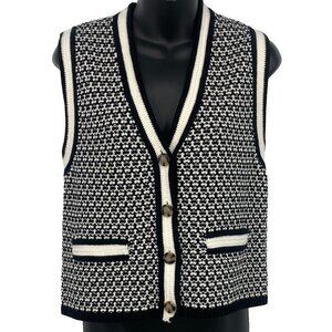 Ann Taylor Womens Knit Sweater Vest Black White Sleeveless Medium V-Neck NWT New